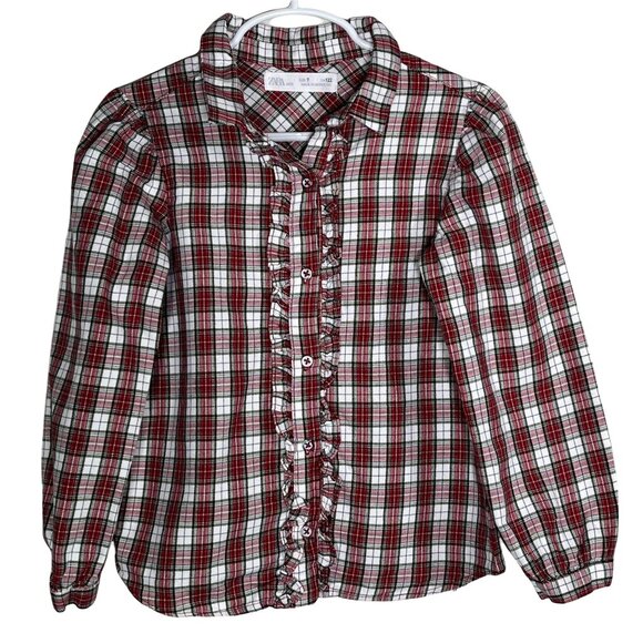 ZARA Girls Plaid Ruffle Button Down Top Red White – Size 7 - Picture 1 of 7